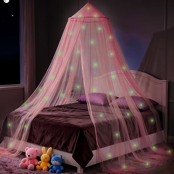 Pink Princess Bed Canopy for Girls with Glowing Stars, Canopy Bed Curtains for Twin, Full, and Queen Sizes; Ceiling Tent for Reading Nooks, Mosquito Net for Indoor Room Decor and Outdoor Use