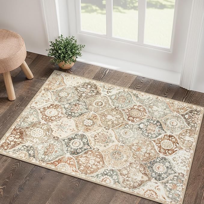 Lahome Moroccan Trellis Entryway Rug, 2x3 Kitchen Rugs Non Slip Washable, Non-Slip Indoor Door Mat Ultra-Thin, Small Throw Carpet for Bathroom Bedroom Entry, Khaki