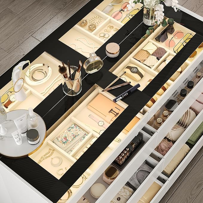 White Dresser for Bedroom Set of 2, 8 Drawer Dresser with Glass Top and LED Light, Modern Chest of Drawers, Jewelry Dressers Display, Dressers Organizer for Bedroom, Closet, Living Room