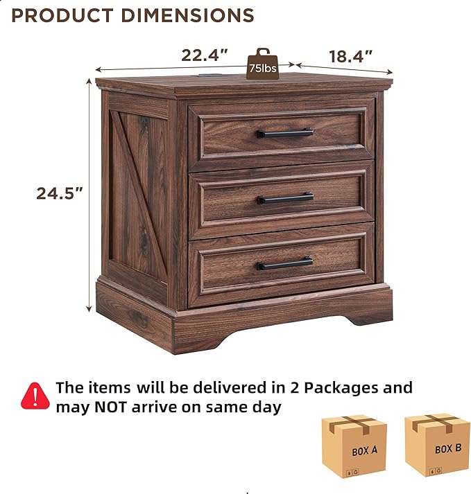 ACCOHOHO Farmhouse Nightstands Set of 2, 22 Inch Wide End Table with Charging Station & 3 Large Drawers, Rustic Wood Small Dresser Chest of Drawers for Bedroom, Living Room, Brown