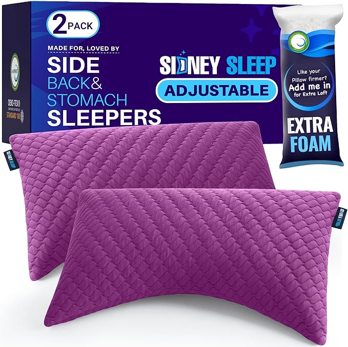 Sidney Sleep Set of 2 Queen Size Adjustable Bed Pillows for Side and Back Sleepers - Memory Foam Pillows for Neck and Shoulder Support - Customizable Loft - Extra Foam Included (Magenta)