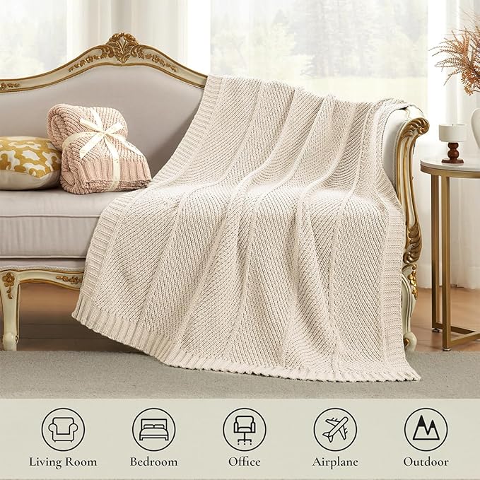 Amélie Home Chevron Chenille Knit Throw Blanket for Couch, Cozy Texture Decorative Soft Blanket for Sofa & Chair, 60"x80", Ivory