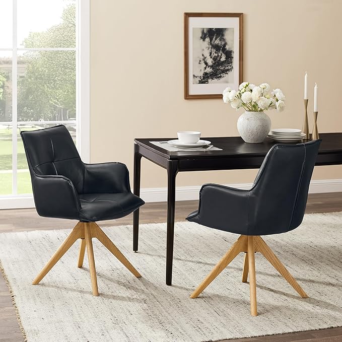 Art Leon Office Chair No Wheels - Mid Century Modern Swivel Desk Chair, Genuine Leather Upholstered Accent Chair with Oak Wood Legs for Small Space Living Room Bedroom, Black Blue