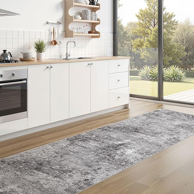 Washable Runner Rug for Hallway: 2.6x8 Neutral Modern Abstract Low Pile Area Rug with Non-Slip Backing - Carpet for Bedroom Kitchen Laundry Entryway Bathroom Indoor - Grey