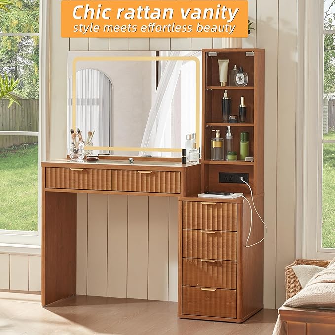 LEYAOYAO Vanity Desk with Mirror and Lights, 43.5'' Fluted Makeup Vanity with 6 Drawers and Adjustable Shelves, Wood TC Make Up Vanity Dressing Table with Glass Top and Power Outlet for Bedroom