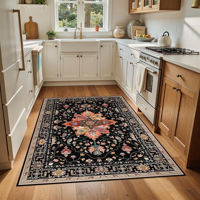 Area Rugs 4'x6' Washable Non-Slip, Floral Vintage Distress Print Pattern Medallion Carpet for Living Room Bedroom Dining Room, Black Colorful Floral Dark Tan