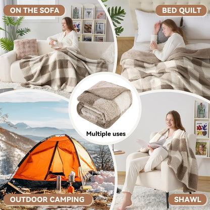 LURKA Checkered Sherpa Fleece Twin-Size Bed Blanket - Extra Thick and Warm Winter Soft Fuzzy Plush Blanket for Couches, Beds & Pets, Khaki, 60x80 Inches