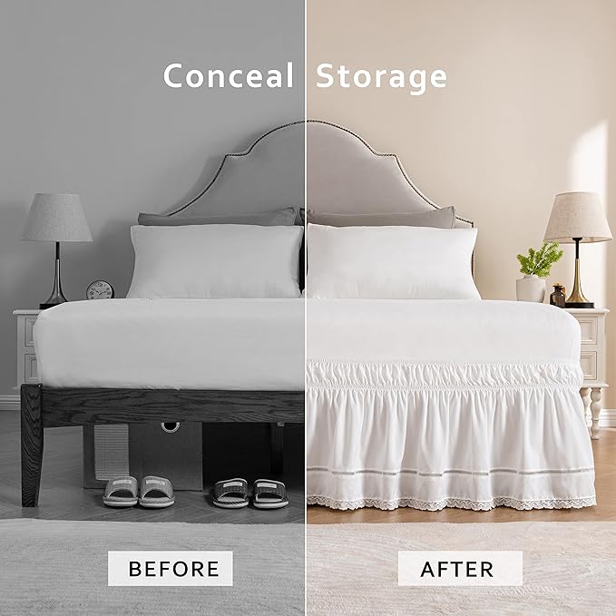 MIYE Wrap Around Ruffled Lace Bed Skirt, Elastic Dust Ruffle with Adjustable Belts,15 Inch Drop Easy to Put On, Bed Frame Cover, Machine Washable (Floral Lace, Full/Twin-15)