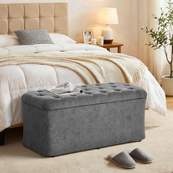 ONBRILL Storage Ottoman Bench, End of Bed Bench, 39.8 x 18.1 x 17.7 Inches Pouf Ottoman Foot Rest, Storage Benches Chest for Bedroom Entryway Living Room, Max 330 lbs, Grey