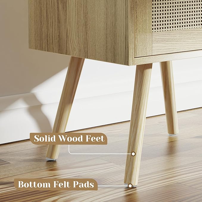 SUPERJARE Nightstand with Charging Station & Rattan-Like Decor Drawer, Rattan End Table with Solid Wood Feet, Bed Side Table with Open Storage, for Bedroom, Living Room, Dormitory - Natural