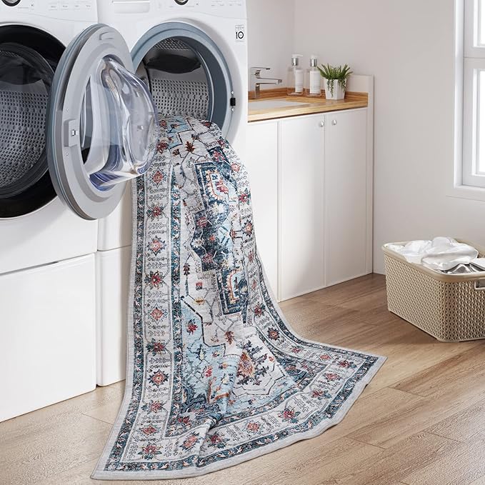 zesthome Area Rugs 9x12, Washable Rug Non-Slip Low Pile Rugs for Living Room, Bedroom, Home Decor Vintage Large Area Rug (Blue,9'x12')