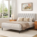 Full Size Bed Frame with Diamond Tufted Headboard, Linen Upholstered Platform Bed and Wooden Slat Support, Noise-Free, No Box Spring Needed, Easy Assembly, Light Grey