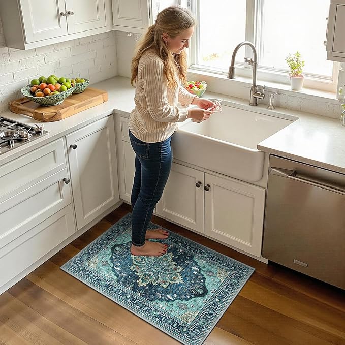 Area Rugs 2'x3' Washable Non-Slip, Floral Vintage Distress Print Pattern Medallion Carpet for Living Room Bedroom Dining Room, Teal Green Lake Blue Turquoise