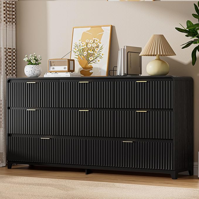 3 Pcs Bedroom Furniture Set, 8 Drawer Fluted Dresser and Nightstand Set of 2 with Charging Station, Modern Bed Side Table Chest of Drawers Storage Cabinet Set for Bedroom, Living Room, Black