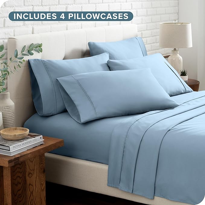 Bare Home Hotel Luxury Split King Sheet Set, Extra Soft, 7 Piece Set, Deep Pockets, Easy Fit, Cooling & Breathable, Wrinkle, Fade, Stain Resistant, Includes 4 Pillowcases (Split King, Light Blue)