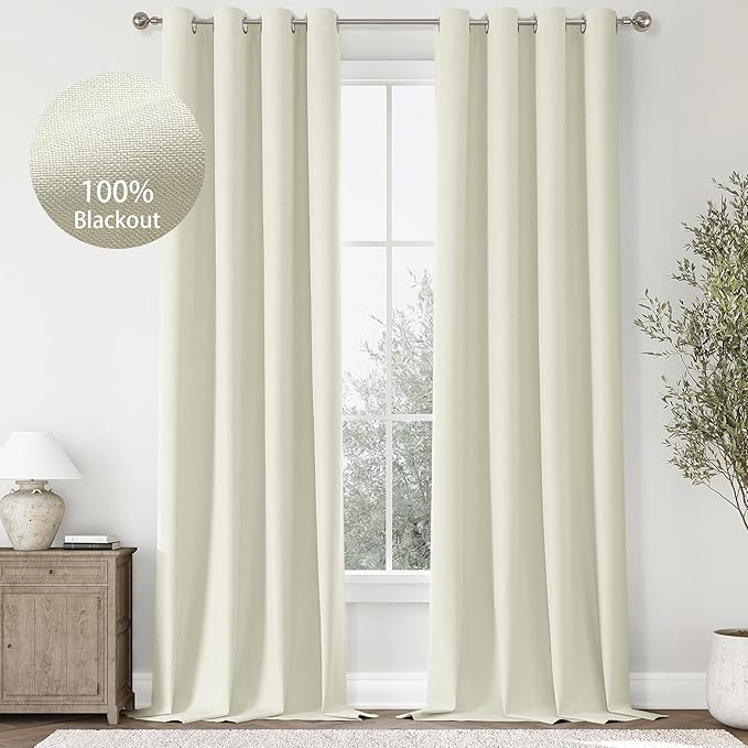 ChrisDowa 100% Blackout Iovry Solid Curtains 108 Inches Long 2 Panels for Bedroom Living Room,Farmhouse Room Darkening Thermal Insulated Soundproof Grommet Top Window Treatment Drapes,52x108