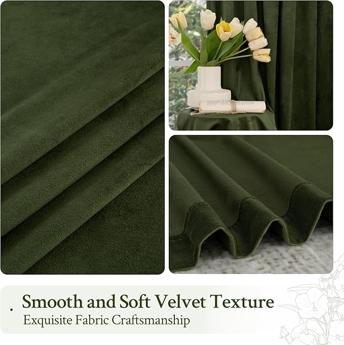 LAMIT Olive Green Velvet Curtains for Living Room 96 Inch Length, Luxury Thermal Insulated Blackout Panels Room Darkening Back Tab and Rod Pocket Window Drapes for Bedroom, 2 Panels, 52 x 96 Inch