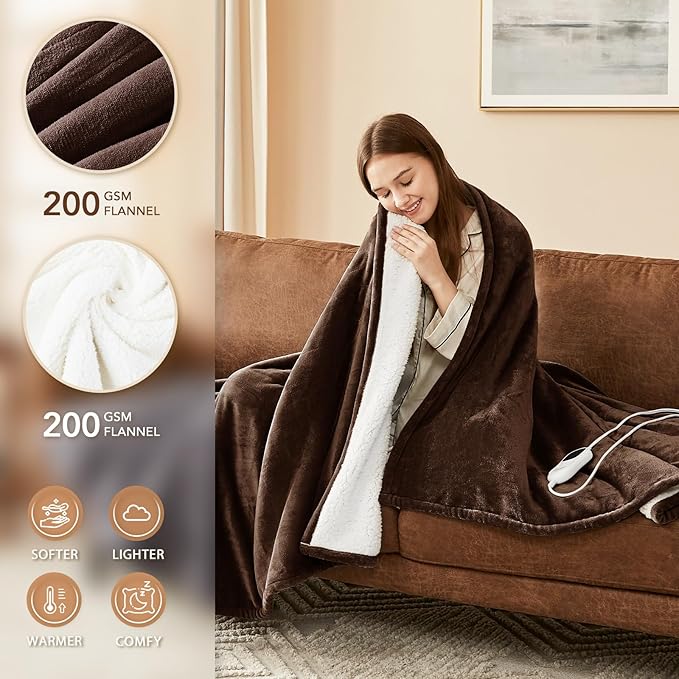 Homemate Electric Heated Blanket King Size - 100"x90" Heating Blanket King Size Dual Control 1/2/4/6/8 Hours Auto-Off 10 Heat Level Over-Heat Protection Flannel Sherpa ETL Certification