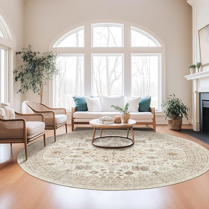 zesthome Washable Round Area Rugs - Non-Slip 6ft Round Rugs, Ultra-Thin Large Circle Rugs for Living Room, Soft Low Pile Rug for Bedroom, Kitchen, Nursery - Vintage Round Rug(Cream/Beige,6'x6')