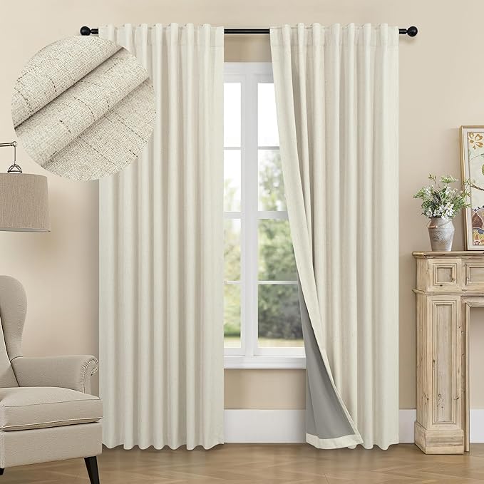 Black Out Burlap Curtains 63 Inch Long Faux Linen Farmhouse Bedroom Blackout Curtain 63 Inches Length 2 Panels Set Energy Saving Noise Reducing Nursery Drape for Bay Window Back Tab Pocket Cream Beige