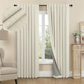 Black Out Burlap Curtains 63 Inch Long Faux Linen Farmhouse Bedroom Blackout Curtain 63 Inches Length 2 Panels Set Energy Saving Noise Reducing Nursery Drape for Bay Window Back Tab Pocket Cream Beige