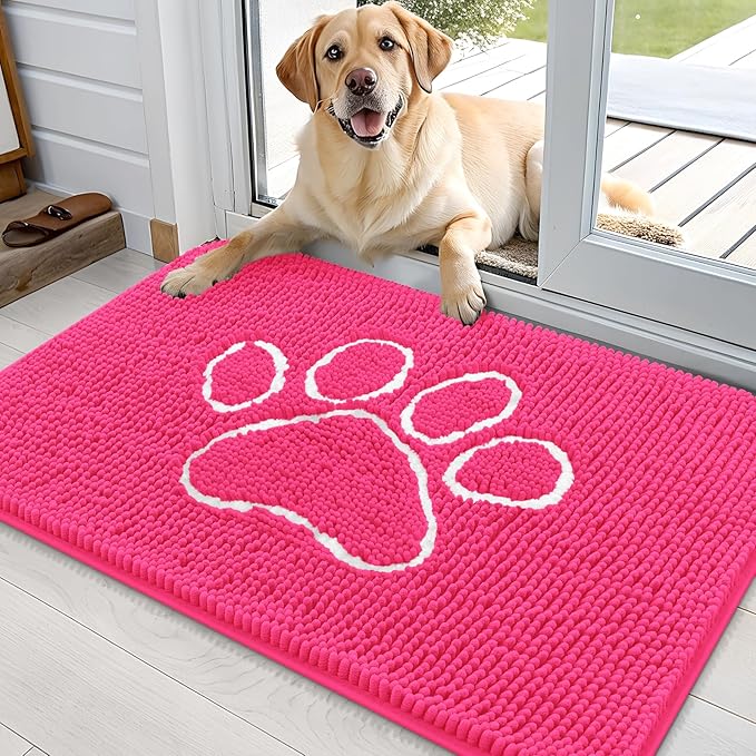 OLANLY Dog Door Mat for Muddy Paws 36x24, Paw Print Design, Absorbs Moisture and Dirt, Absorbent Non-Slip Washable Doormat, Quick Dry Chenille Mud Mat for Dogs, Entry Indoor Entryway Carpet, Hot Pink