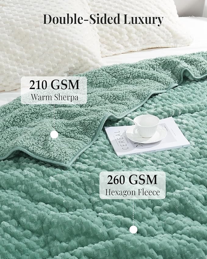 Topblan Weighted Blanket for Adults (60" x 80" 15lbs, Sage Green), Soft Sherpa Queen Size Heavy Blanket, 3D Jacquard Flannel Fleece Weighted Blankets for Couch and Bed