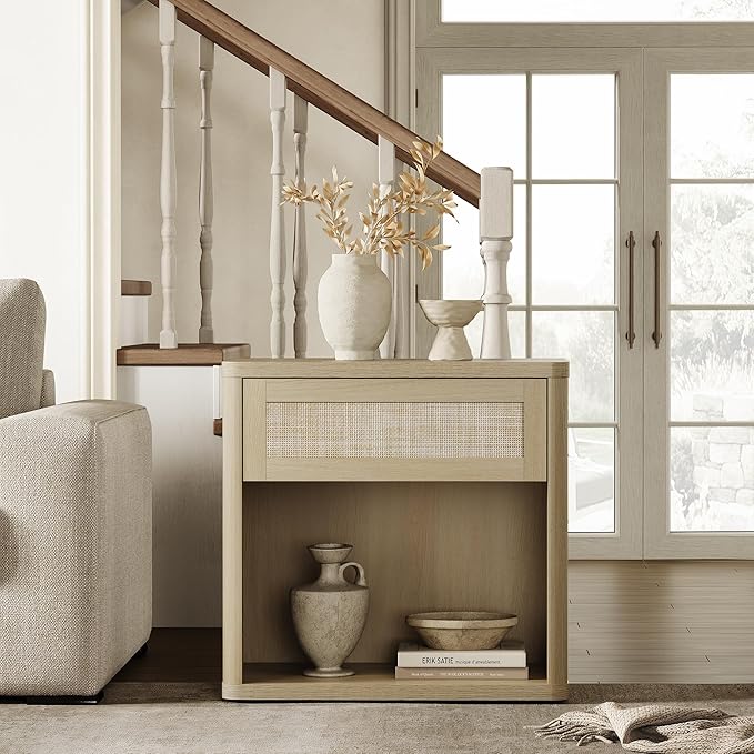 SICOTAS Night Stand 26" Wide Large Nightstands with Drawer & Shelf Storage Rattan Bedside Table Boho End Table Tall Bed Side Tables Night Stands for Bedroom Living Room Sofa Office Dorm, Sand Oak