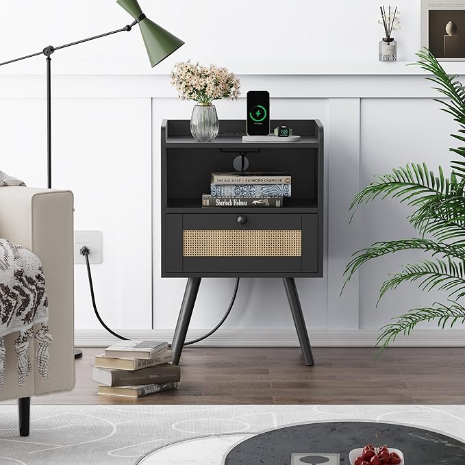 SUPERJARE Nightstands with Charging Station, Bedside Table Set of 2 with PE Rattan Drawers, Rattan Side Table with Storage & Solid Wood Feet, End Table for Bedroom, Black