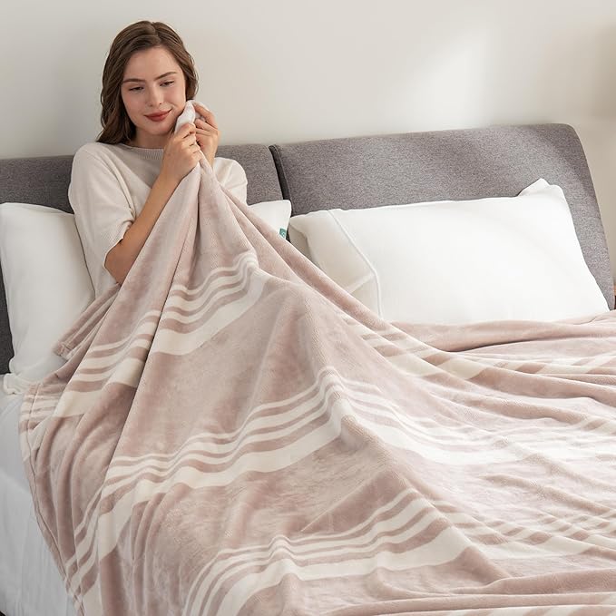 Berkshire Blanket-Classic Heavyweight Warm Soft Printed VelvetLoft® Plush Blanket, King Size Soft Fuzzy Blanket for Couch Sofa Bed, Stripe Cream, 90in x 108in