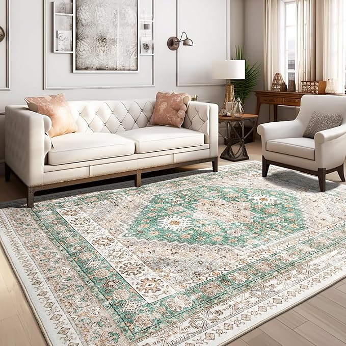 zesthome 10x14 Area Rugs,Stain Resistant Washable Rug,Ultra-Thin Rugs for Living Room,Bedroom,Non-Slip Backing Home Decor Large Area Rug (Green/Brown,10'x14')