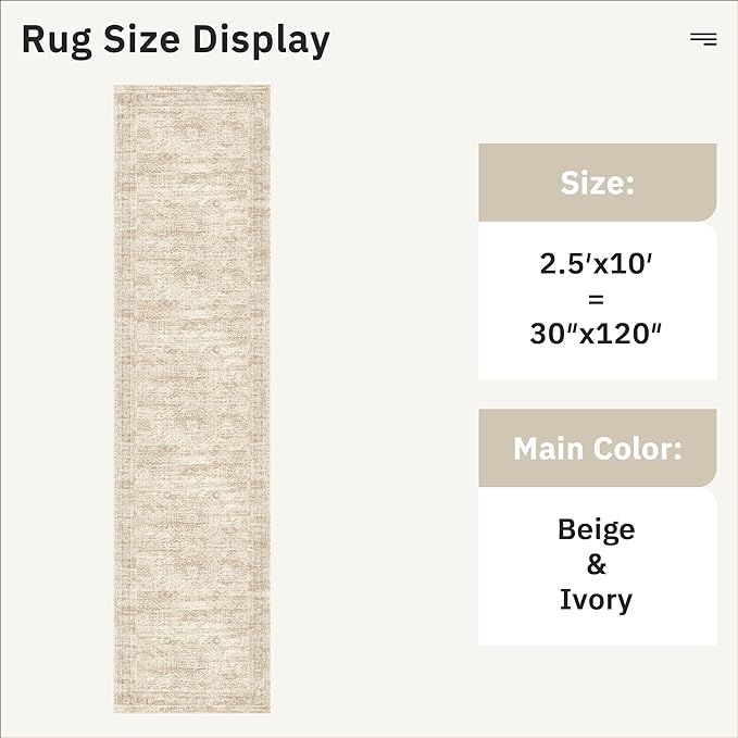 Runner Rug 2'6" x 10' Washable Non-Slip Runner Rugs for Kitchen Bathroom Laundry Room Vintage Ultra Thin Runners for Hallway Entryway Beige