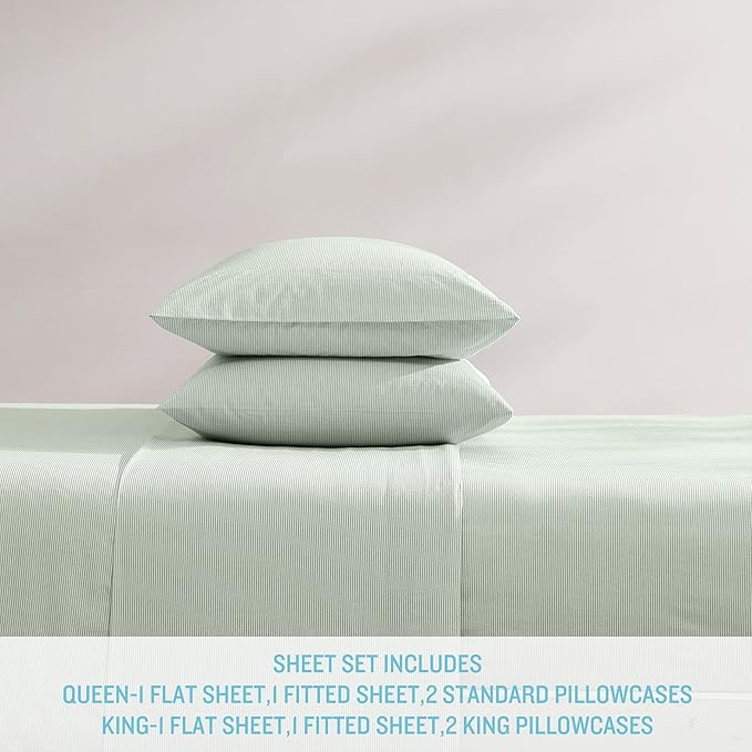 Tommy Bahama - Queen Sheets, Washed Percale Cotton Bedding Set, Soft & Breathable Bedroom Decor with Deep Pockets (Island Cays Stripe Green, Queen)