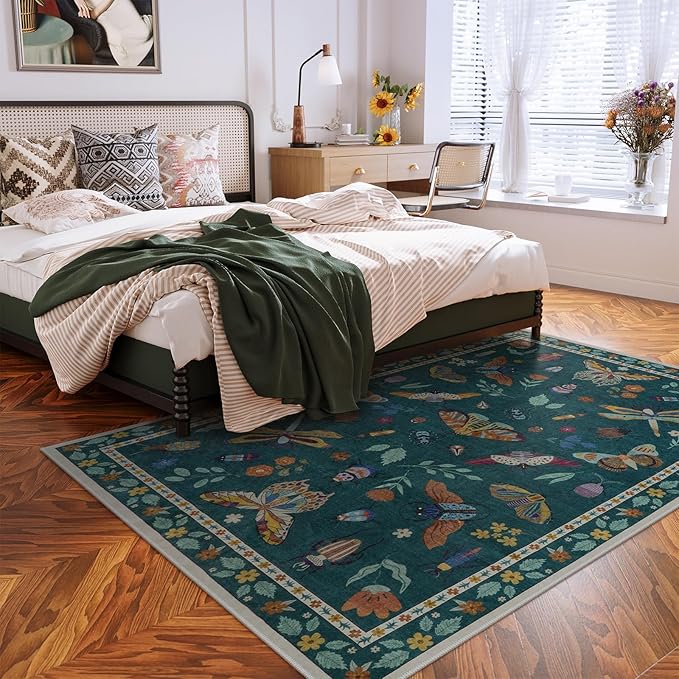 Lahome Insect Print Washable Rugs for Living Room, Soft Area Rug 6x9 Rug for Bedroom Ultra-Thin Non Slip Dining Room Rug, Stain Resistant Modern Rug Large Carpet for Office Nursery(6'x9',Dark Green)