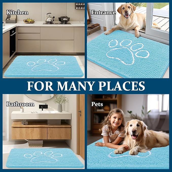 OLANLY Dog Door Mat for Muddy Paws 36x24, Paw Print Design, Absorbs Moisture and Dirt, Absorbent Non-Slip Washable Doormat, Quick Dry Chenille Mud Mat for Dogs, Entry Indoor Entryway Carpet, Blue