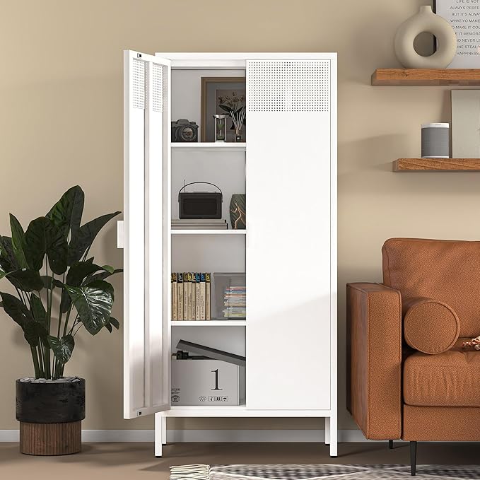 COFaR 4 Tier Black Metal Storage Cabinet, Free Standing with 2 Doors, 3 Adjustable Shelves and Legs, Cupboard Metal Cabinet for Living Room, Kitchen, Dining Room, Office