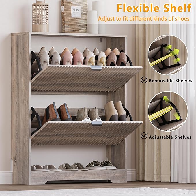 Shoe Cabinet with 2 Flip Drawers, Fluted Shoe Storage Cabinet with Adjustable Shelves, Freestanding Rack and Organizer for Entryway, Closet, Hallway