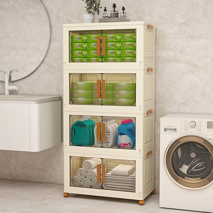 Plastic Stackable Storage Bins with Lids and Wheels, 180QT-45QT*4Tier Foldable Closet Organizers and Containers, Collapsible Clear Drawer Storage Cabinet with Doors Ivory White