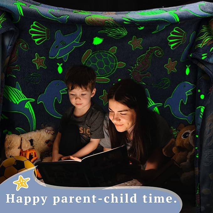 Gifts for Boys Ocean Glow in The Dark Blanket for Girls Kids Turtle Fish Soft Throw Blanket for Couch Bed Birthday Christmas 50" x 60"