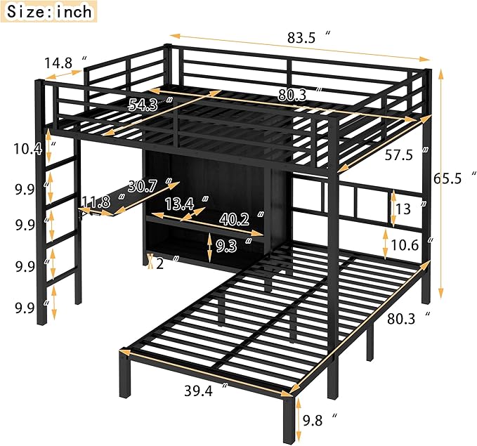 Full XL Over Twin Metal Bunk Bed with Folding Desk, Closet with LED, Space-Saving/Noise Reduced, Black Classic Platform Bed Frame, Easy Assembly YJXW1580S00113