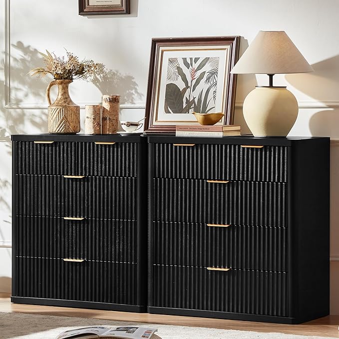 LEYAOYAO Fluted 5 Drawers Dresser for Bedroom, 34" Tall Modern Chest of Drawers with Metal Handle, Curved Profile Design,Black Wood Drawer Organizer for Bedroom, Living Room, Hallway, Entryway