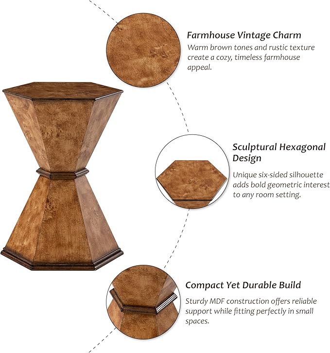 COZAYH Farmhouse Hexagonal Accent Table, Rustic Hourglass Design Side Table with Sculptural Geometric Base for Living Room or Bedroom, Natural Wood-Tone Finish, Brown