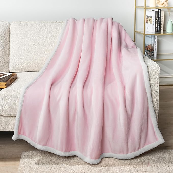 PAVILIA Sherpa Fleece Throw Blanket for Couch, Twin Size, Light Pink, Plush Soft Fuzzy Sofa Blanket, Cozy Reversible Winter Throw for Women Men, 60x80 Inches