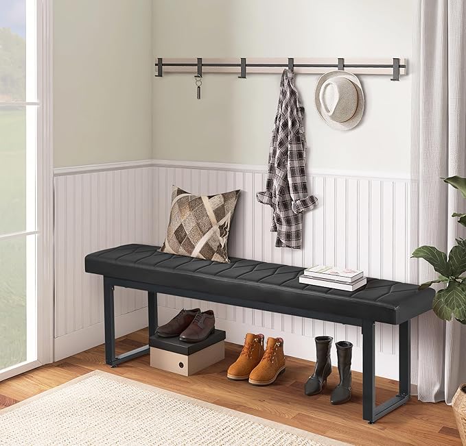 STHOUYN 58” Padded Dining Table Bench Pair of 2 for 6-8 Person, Faux Leather Indoor Cushioned Extra Long Bench for Dining Room Table, Bedside Shoe Entryway Benches (Black, 58")
