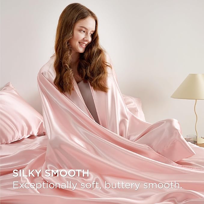 Bedsure Pink Satin Sheets Full Size - 4 Piece Silky Bedsheets with 15 Inches Deep Pocket Fitted Bedsheet,1 Flat Sheet, 2 Satin Pillowcases, Good for Hair & Skin (Full, Pink)