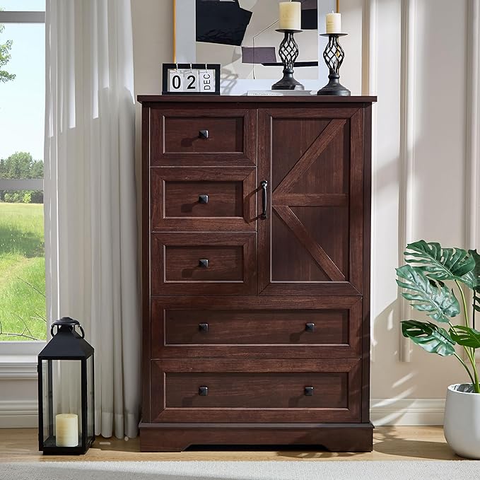 SOOWERY Dark Cherry Dresser for Bedroom, 5 Drawer Farmhouse Wood Dressers with Double Storage Cabinet, 48 Inches Tall Chest of Drawers for Bedroom, Living Room, Hallway
