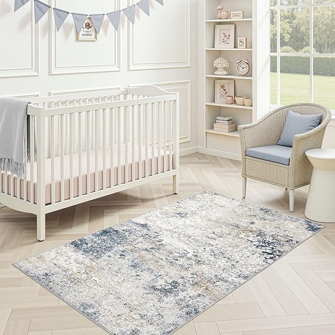 Washable Area Rug: 3x5 ft Abstract Small Rugs for Entryway Kitchen Living Room Bedroom - Non Slip Modern Neutral Carpet Indoor Front Door - Beige Blue