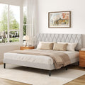 King Size Bed Frame with Diamond Tufted Headboard, Linen Upholstered Platform Bed and Wooden Slat Support, Noise-Free, No Box Spring Needed, Easy Assembly, Light Grey