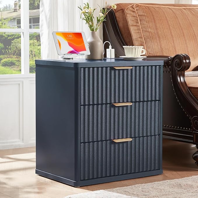 LEYAOYAO Fluted Dresser and 3 Drawers Nightstand Set of 2, Wood 48" Wide Dresser & 23" Night Stand with Charging Station, 3 Piece Bedroom Furniture Set, Chest of Drawers for Home,Living Room,Nave Blue