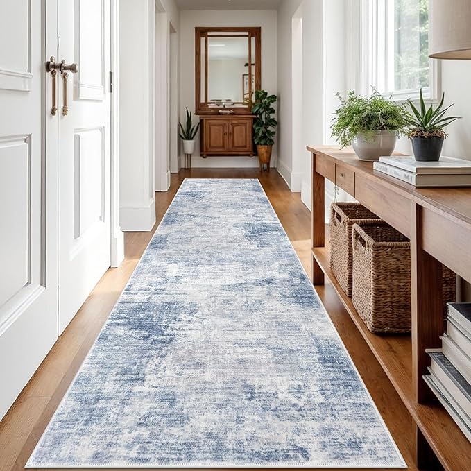 IOHOUZE Abstract Runner Rug 3x12 Ft Washable Runners for Hallways, Non Slip Kitchen Runner Printed Faux Wool Entryway Runner Indoor, Modern Abstract Floor Carpet for Hall Kitchen, Light Blue White